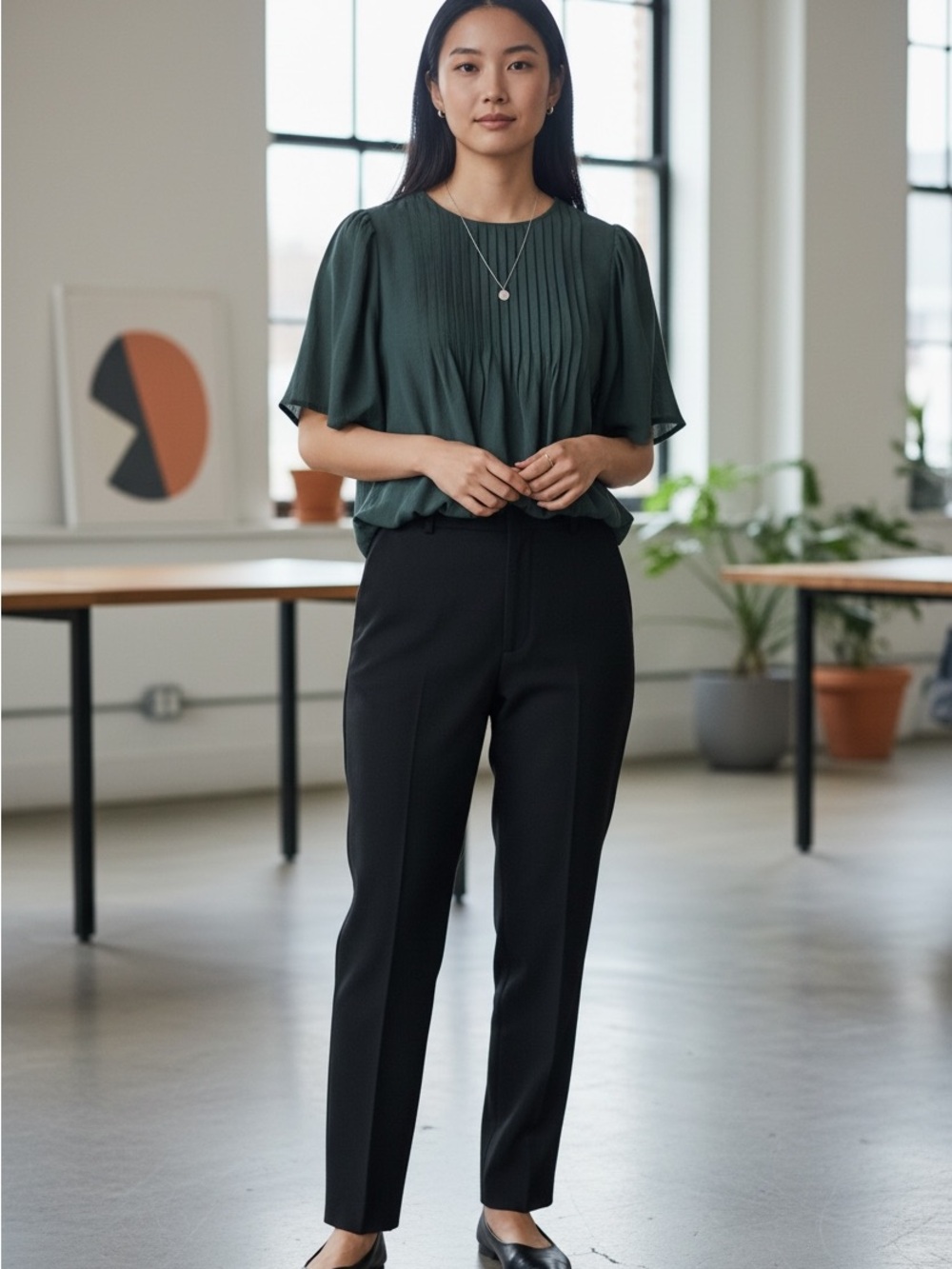 Pleated Olive Green Women's Blouse